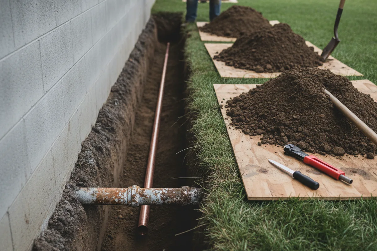 Excavated water line trench during Water Softener Installation in Fair Haven